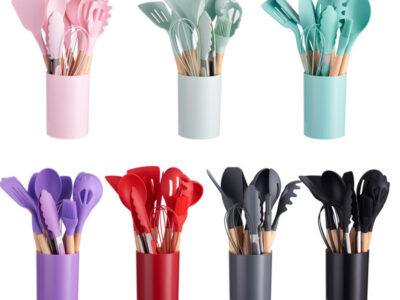Wooden handle silicone kitchenware 12-piece set